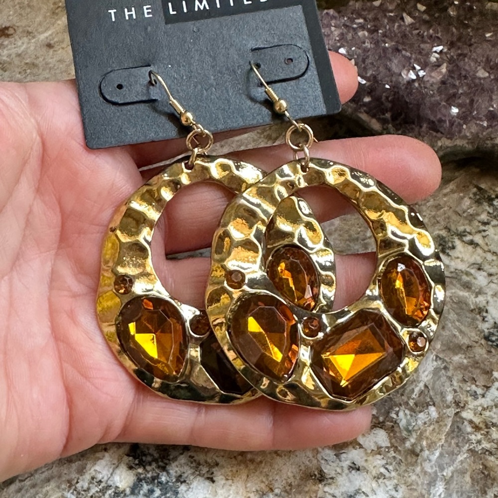 Gold Hammered Brown Gemstone Earrings - Picture 6 of 6